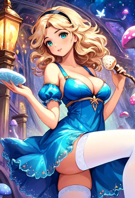 a beautiful 20 year old blonde Kate Upton with big messy hair in a blue dress, white stockings, black headband, cleavage, holding a glowing mushroom, fantasy art style,  cartoon vibrant, cute detailed digital art, colorful digital fantasy art, digital fant...