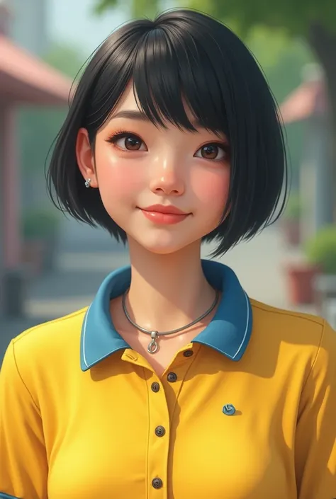 young adult woman, short girl short hair male style, full cheeks big cheeks make her face more masculine slightly fatter person wearing yellow polo shirt with blue collar make her gain more weight