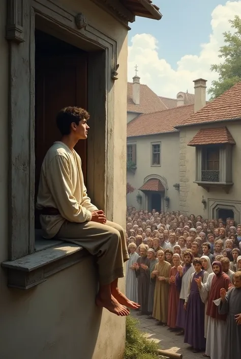 A young man listening to a sermon sitting on the second floor window of his house where there are several people