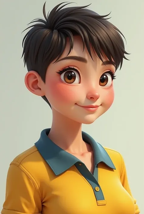 young adult woman, short girl short hair male style, full cheeks big cheeks make her face more masculine slightly fatter person wearing yellow polo shirt with blue collar makes her look more robust in the face