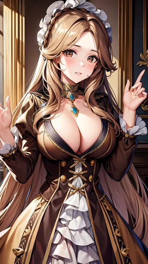 brown long hair, brown eyes, big boobs, Marie Antoinette