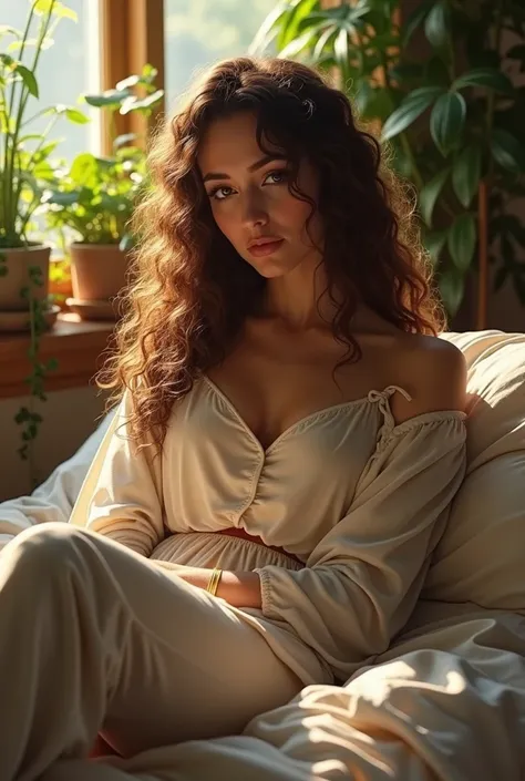 (photorealism:1.2), Halia Thornton, head of the Guild of Mines of Phandalin, Agent of Zhentarim, sitting on bed, wearing loose off-shoulder top, pajama pants, long curly hair, indoors, soft lighting, plants in background, window with sunlight, cozy room, r...