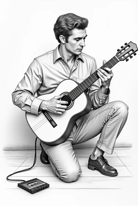 A pencil drawing of A 60s man playing classical guitar and a cassette tape on the floor