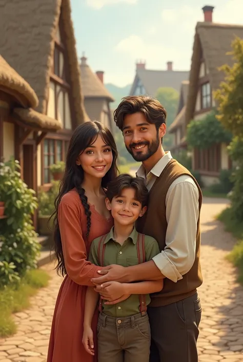 In a Village a boy smile with his mother and father 