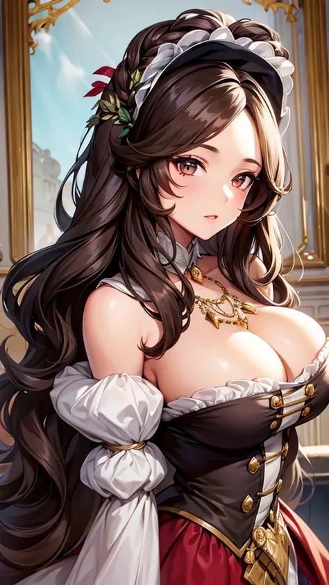 Dark brown long hair, brown eyes, big boobs, Marie Antoinette