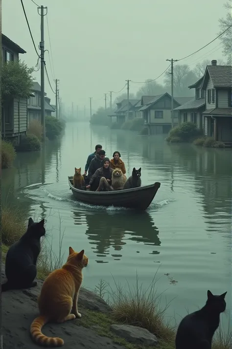 Houses have been submerged in floods all around.  Some people are going on a boat and the cats are watching