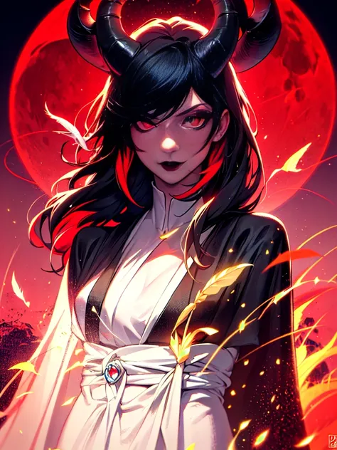 (colorful:1.3),(masterpiece:1.2), best quality, original, extremely detailed wallpaper, looking at viewer, 1girl, red skin, black hair, long black horns, demon horns, make-up,  mascara,  black lipstick, red eyes, upperbody shot of a girl infused with fire,...