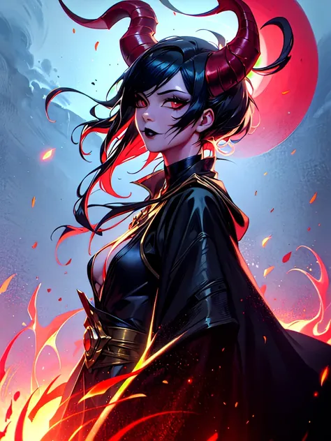 (colorful:1.3),(masterpiece:1.2), best quality, original, extremely detailed wallpaper, looking at viewer, 1girl, red skin, black hair, long black horns, demon horns, make-up,  mascara,  black lipstick, red eyes, upperbody shot of a girl infused with fire,...