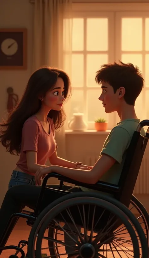 A sad georgous girl with brown hair on a wheelchair talking to her handsome boyfriend at home,  pixar style, cinematic, masterpiece, high-aesthetic,  realistic 