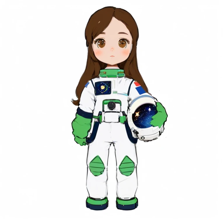 Crie uma personagem 3D animation, of an astronaut girl,brownhair, eyes browns, white astronaut suit.Spatial Introduction: Start with a cosmic setting, showing the vast universe and gently rotating planets. Add twinkling stars to create a magical, vast ambi...