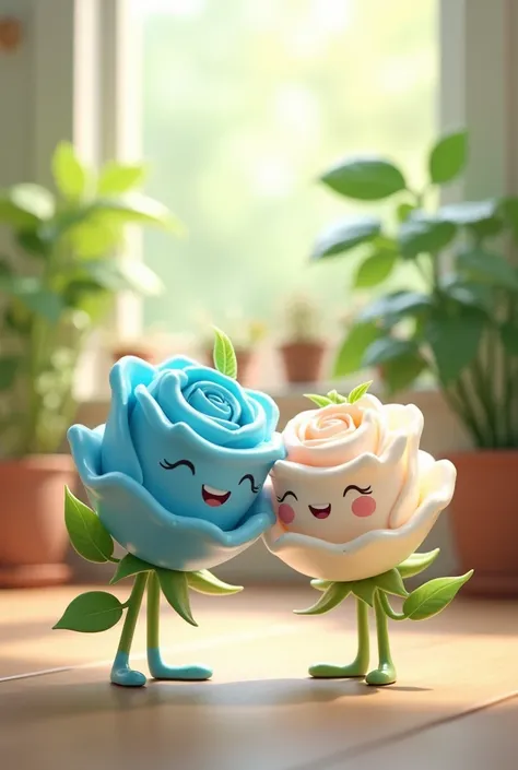 Create a transparent image of two adorable, cartoonish rose characters, one blue and one white both with cheerful smiles and tiny arms and legs. They have glossy, semi-transparent surfaces with tiny water droplets, and each has a small leaf on top. The bac...