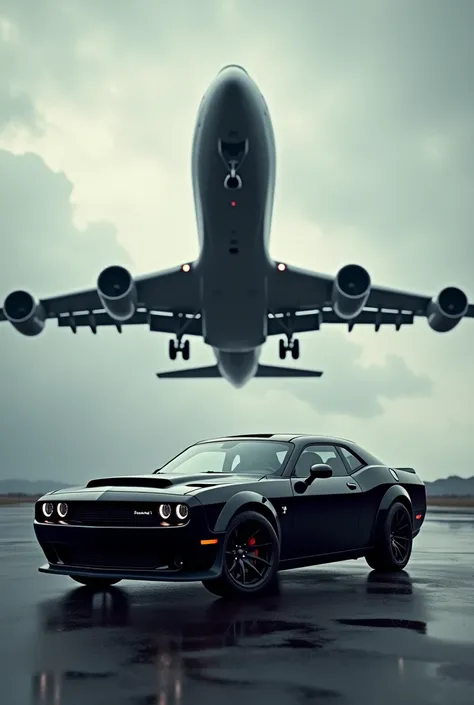  a black Boeing 747 takes off in the foreground is a new black Dodge Challenger parked it is cloudy and slightly dark
