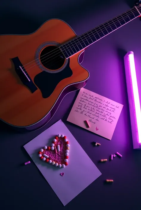 Photograph of a guitar with a letter and pills on top in the shape of a heart with purple neon light, the view is from above and the guitar is on the floor