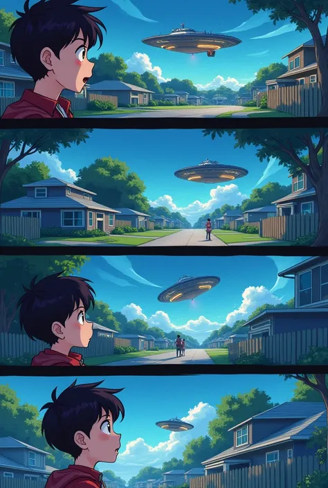 "Alien Encounter"
Panel 1: "A strange object is found by the young person in the backyard."

picture：A young man finds a strange object in his garden。
Panel 2: "The object is picked up and examined."

picture：A young man picks up the object and examines it...