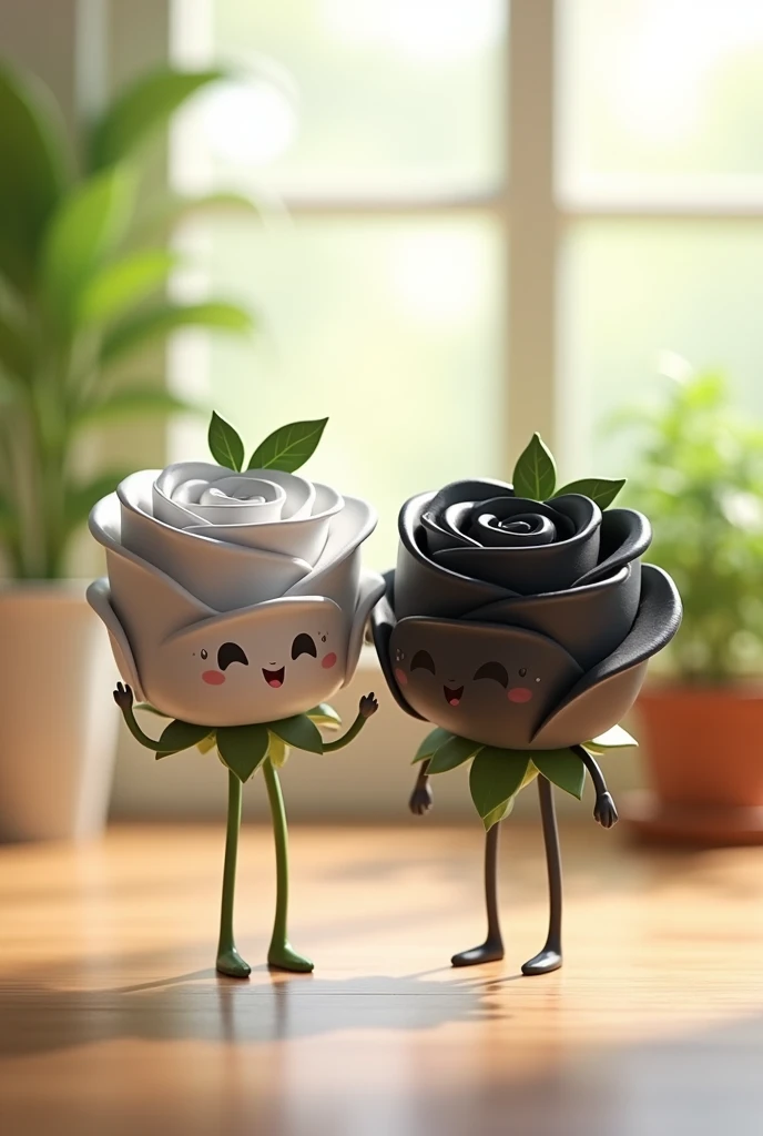 Create a transparent image of two adorable, cartoonish rose characters, one gray and oneblack both with cheerful smiles and tiny arms and legs. They have glossy, semi-transparent surfaces with tiny water droplets, and each has a small leaf on top. The back...