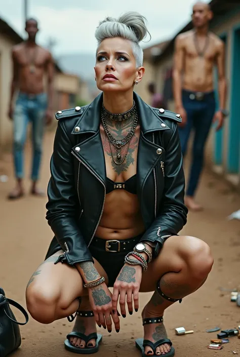 russian milf woman, grey hair (pouf, huge top bun and shaved sides),  oversized square maxisunglasses, colourful bandana as headband, with very light blue eyes, extremely pale skin. Wearing tight aged black moto jacket  studded collar) with lots of zippers...