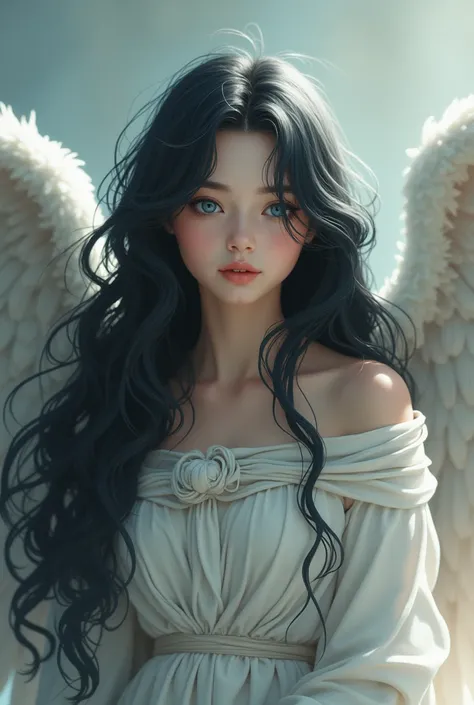 Generate an image of an angel with long black hair, Blue eyes with an angelic look, without aura on his head and his head covered with a tunic for a youtube banner for a channel called stories of truth 