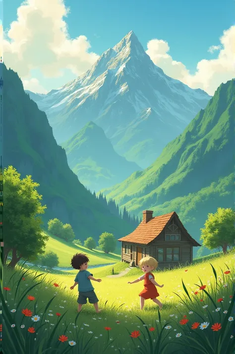 Generate beautiful green Mountain and one house between them 2 children are playing 