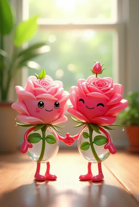 Create a transparent image of two adorable, cartoonish rose characters, one glitter pink and one black glitter both with cheerful smiles and tiny arms and legs. They have glossy, semi-transparent surfaces with tiny water droplets, and each has a small leaf...