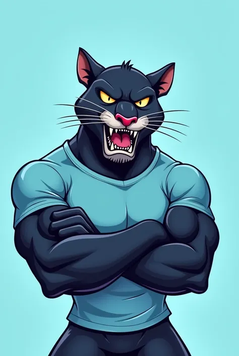 Muscular panther cartoon, with angry face, showing his claws making a 4, looking ahead, with a light blue t-shirt