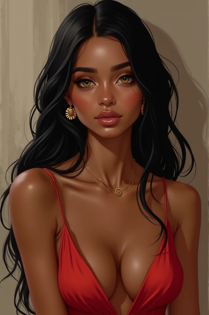 A 20 year old human woman with tanned skin long black hair down to her waist eyes with light yellow tones and a very light brown large breasts gold necklace and earrings small full lips with gloss loose red dress and 1,60 tall