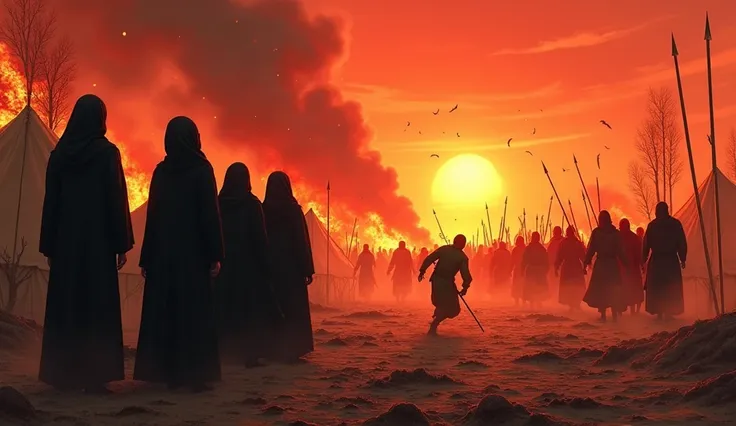 Sun set, blood sky, burning tents, burning date trees, 5 women which wear Proper black hijab who stand near the tents, a bloody ground, javelin, sword, Arrow everywhere on ground, Arrows from sky, fire woods, a army which wear read hijabs and going towards...