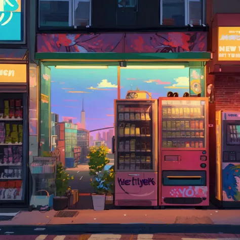 ((modern New York City convenience store with a big vending machine outside: 1.3)) , ((camera facing the front of the store:1.2)), ((next to a tall Hospital: 1.2)), detailed anime artwork, urban, tokyo anime scene, ((bright blue sky: 1.0)), extra detailed,...