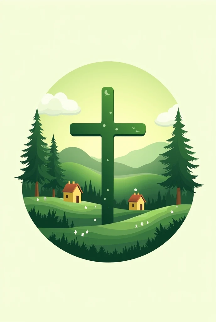 Create a logo in green tones that contains a green cross as a central image and a landscape with houses and nature in the background., pine trees containing the text GREEN CROSS APPLE
