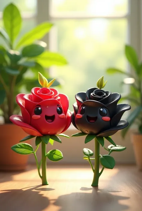 Create a transparent image of two adorable, cartoonish rose characters, one red and one black  both with cheerful smiles and tiny arms and legs. They have glossy, semi-transparent surfaces with tiny water droplets, and each has a small leaf on top. The bac...