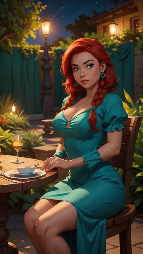 A girl in an elegant turquoise dress is sitting at a table. she has braids and red hair. busty. a garden at night. comic style. imagem HD. quadrinhos da marvel. front pose