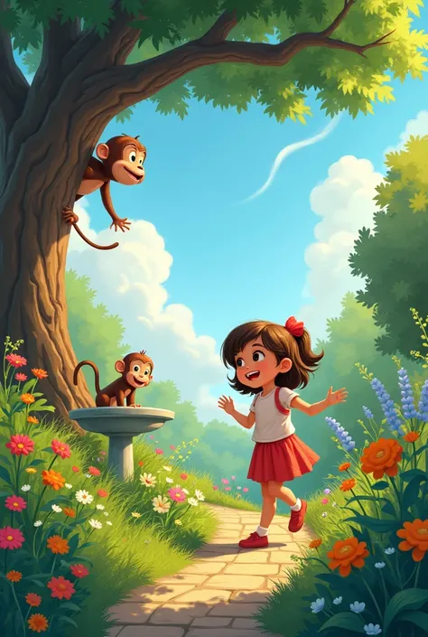 1. **"A little girl, Sarah, was playing in her garden when suddenly a little monkey appeared."**  
   **Image:** A  Sarah is playing in a beautiful garden, and a little monkey is peeking in a tree.