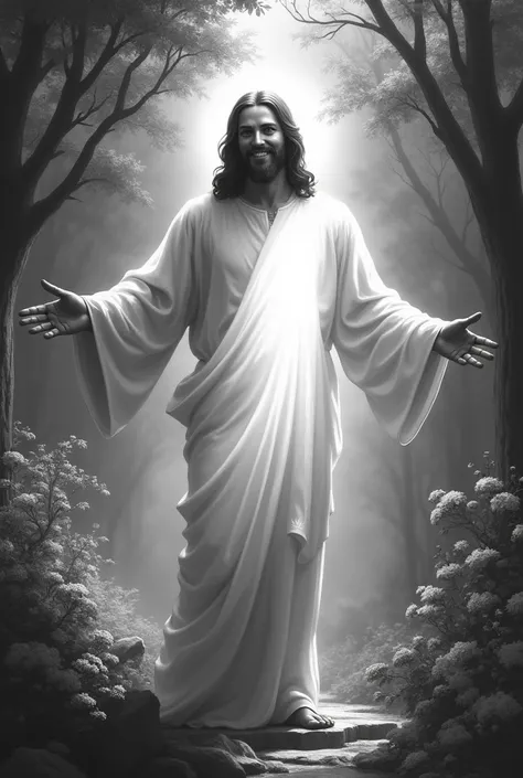 An image of Jesus illuminated, in black and white, with loving look and smiling at me, with open arms, in a garden with many trees and flowers