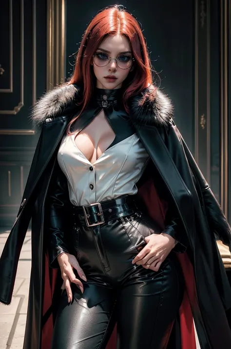 a beautiful young woman with long red hair, slim body, thin waist, narrow hips, detailed facial features, ((wearing high quality high waist black leather pants)), ((wearing formal white colored silk shirt with cleavage and long sleeves)), ((wearing black f...