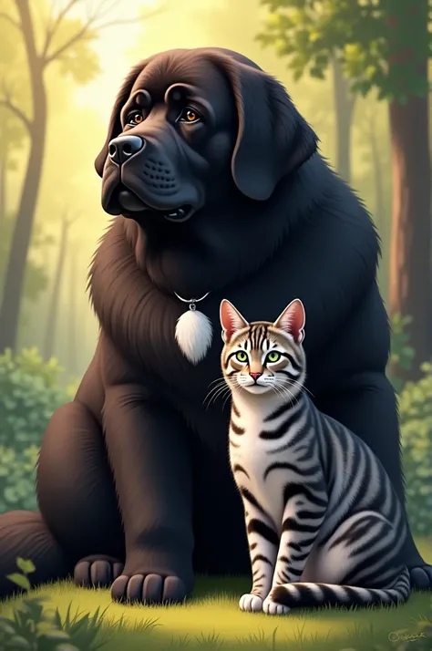 A Newfoundland dog with a white spot on its chest and a gray tiger cat 