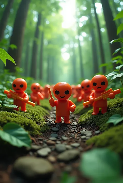 ((best qualityer, 8k, work of art :1.3)), a plastic army, plastic man, plastic war, muitos personagens Unripes, Unripe, anime model, small, in a forest, fish eye in the environment, raising the focus on them, camera from below, armed