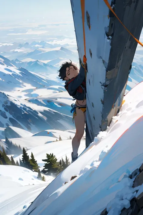 Beautiful boy with healthy body,free climbing,midriff,bikini,breathing white air,strong snow storm,strong snowy day,flying snowflakes as background,climbing snow peak,crawling on a vertical cliff,high altitude,high height,precise face