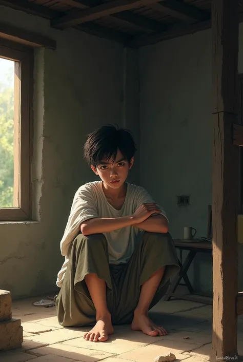 A boy aged 20  sitting very sad in village home