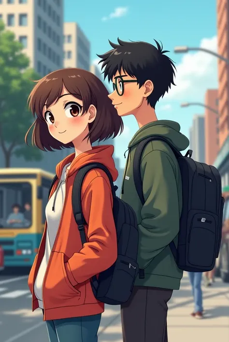 Make a 20 year old girl, low, brown hair and black waterproof backpack and a tall boy, Tez blanca, cabello negro y de lentes con una mochila lowndo de un autobús en la ciudad, in 2d animation 