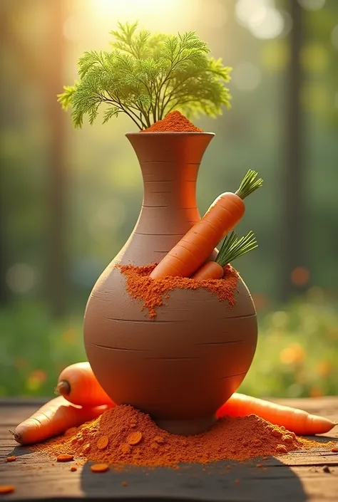 Make an image of a very long and tall clay pot with flour made from carrots and with whole carrots embedded in it.
