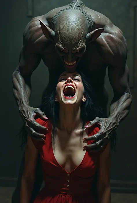 GENERATE AN IMAGE OF A DEMON BEHIND A WOMAN GRABBING HER FACE FACING FORWARD