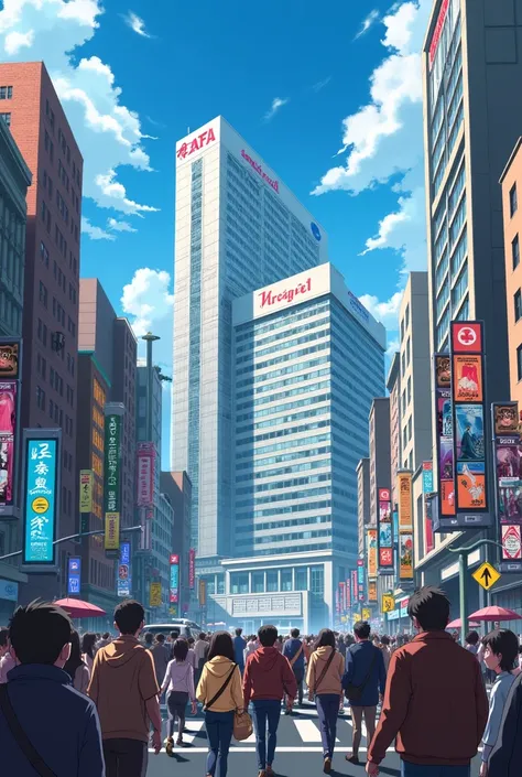 An anime style 4k wallpaper of new york city, consist of crowd on the road, a hospital and Big mall in the city traffic signals, advertisement hoardings, vehicles and people,hd quality, enhanced wallpaper 