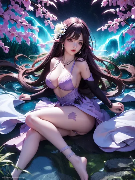 (best quality, 8k, 32k, masterpiece, UHD:1.2) 1girl, breasts, jewelry, purple_hair, dress, cleavage, solo, long_hair, hair_ornament, purple_dress, water, necklace, earrings, purple_eyes, looking_at_viewer, bracele, large_breasts, raiden_shogun, flower, hai...