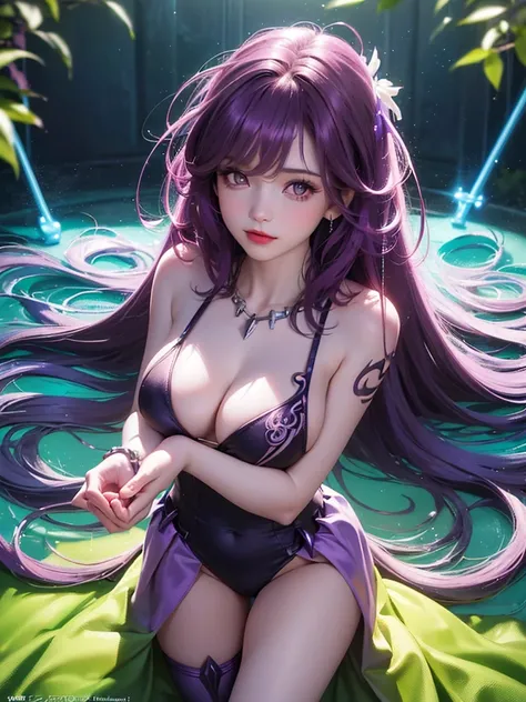 (best quality, 8k, 32k, masterpiece, UHD:1.2) 1girl, breasts, jewelry, purple_hair, dress, cleavage, solo, long_hair, hair_ornament, purple_dress, water, necklace, earrings, purple_eyes, looking_at_viewer, bracele, large_breasts, raiden_shogun, flower, hai...