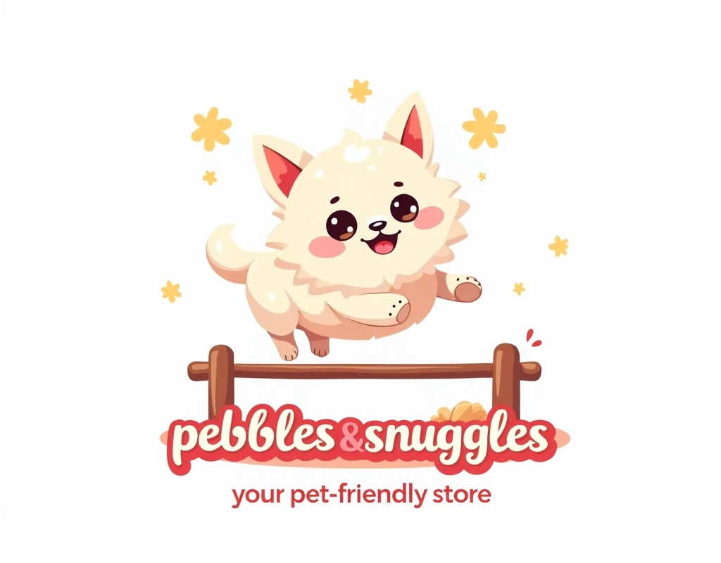 create a banner for a pet shop that contains a cute kawaii white dog jumping over an obstacle while he seems happy, the background is white, there isnt any human, the dog is jumping over a text showing "PEBBLES & SNUGGLES", underneath the text, its written...