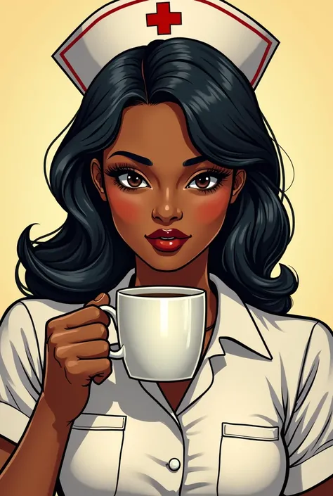 Retro comic nurse, dark brown skin, about 4, black straight hair, without hat, drinking coffee. the image without background