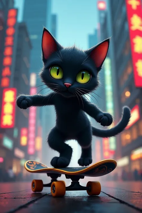 Black cat with four legs on skateboard