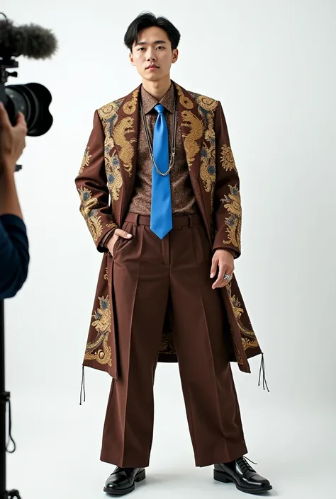 korean man wearing brown suit with lot of royal patterns ,((full body)),oversize classic pants , blue tie ,design inspired by chinese dragon tale,, rings , nekless, Poster ad , special pose ,photoshotting ,white background , fuull body , camera filming him...