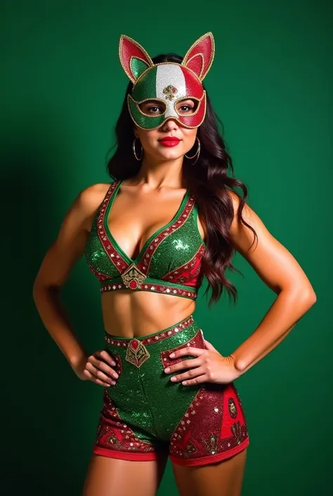 Create me a very original women&#39;s wrestling costume in sequins or glitter that is 2 pieces and has a design with Mexican shapes and the color of its flag and a mask with the colors of the Mexican wrestling flag that is also very creative with cat ears.