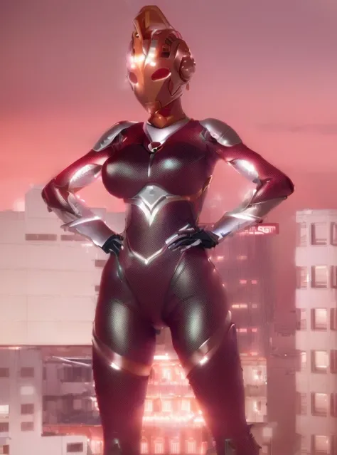 A giraffe dressed in red and silver stands in front of a city, Female body type, Female cyborg body, body and soul! Asuka Suit, Ultraman, Simple Futuristic Cyborg Empress, Perfect anime cyborg woman, Super detailed, Alien robot naughty nurse, Super-smart f...