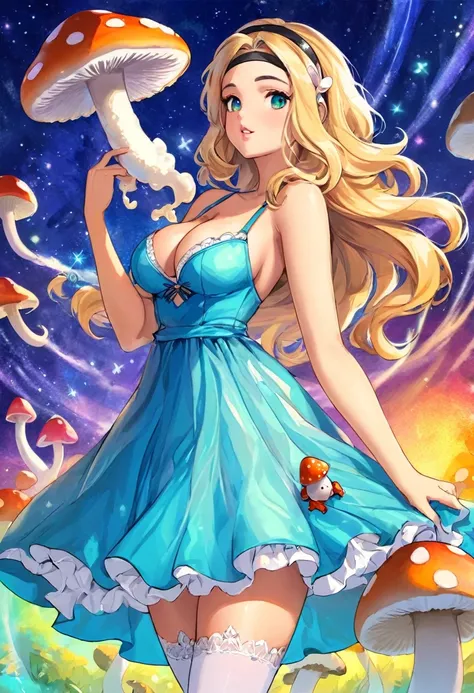 a beautiful 20 year old blonde Kate Upton with big messy hair in a blue dress, white stockings, black headband, cleavage, holding a glowing mushroom, fantasy art style,  cartoon vibrant, cute detailed digital art, colorful digital fantasy art, digital fant...